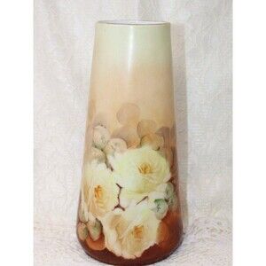 Signed Late 1800s-1900s CT Altwasser Soft Brown Floral 11" x 5" Vase Gold Rim